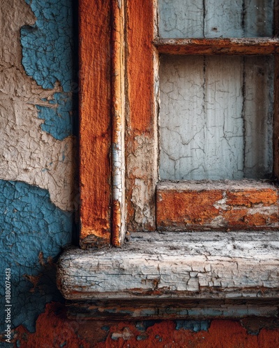 Weathered Wooden Window Frame with Peeling Paint and Cracked Texture Detail. AI generative