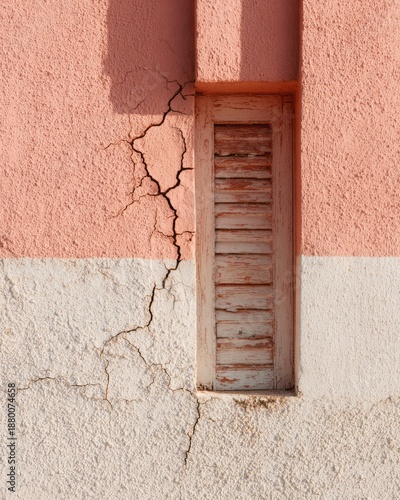 Cracked Pink Plaster Wall with Weathered Wooden Window Shutter in Minimal Architecture Detail. AI generative