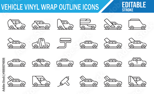 Vehicle Vinyl Wrap Process Icons with Editable Strokes