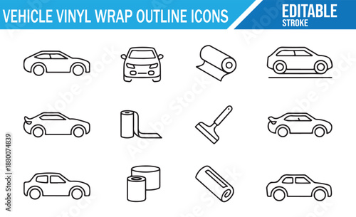 Vector collection of 24 vehicle vinyl wrap outline icons, showing cars, tools, and various wrapping stages with editable strokes for automotive branding.