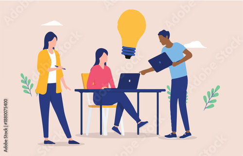 Team problem solving - People working together trying to solve problem with computer and idea. Flat design vector illustration