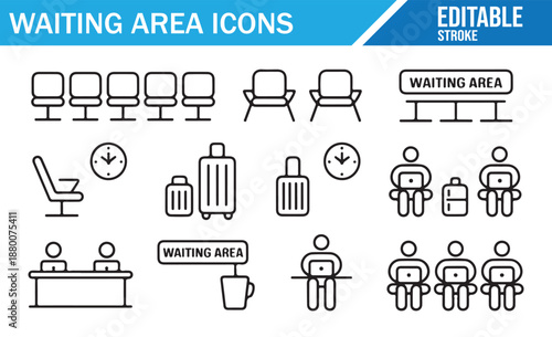Passenger Waiting Area Icons. Line Vector Symbols of People Sitting, Luggage, and Info Desk.