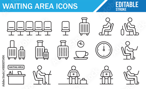 Vector Waiting Chairs and Luggage Icons. Editable Outline Set for Public Transport Terminals.