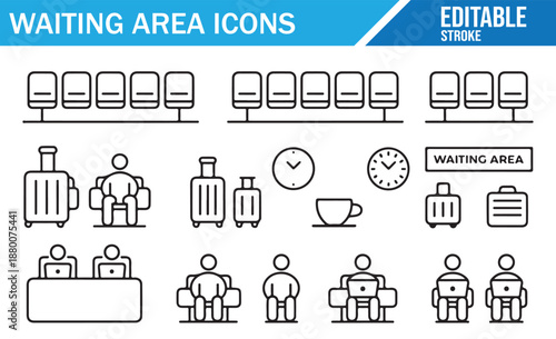 Departure Lounge Icons Vector. Editable Stroke Line Art for Airport and Station Waiting Areas.