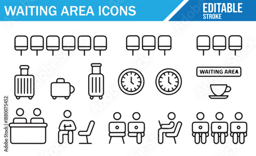 Lounge Area Icons Set. Editable Vector Illustration of Comfortable Seating, Coffee, and Waiting People.
