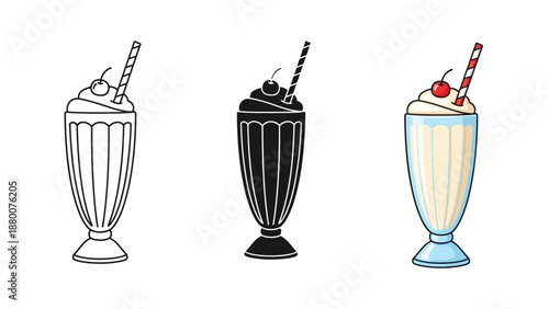 Set of three milkshake illustrations outline, solid black silhouette and colored drawing with cherry and straw