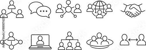 Team collaboration and community icons set. Cooperation, partnership, networking and people interaction outline symbols