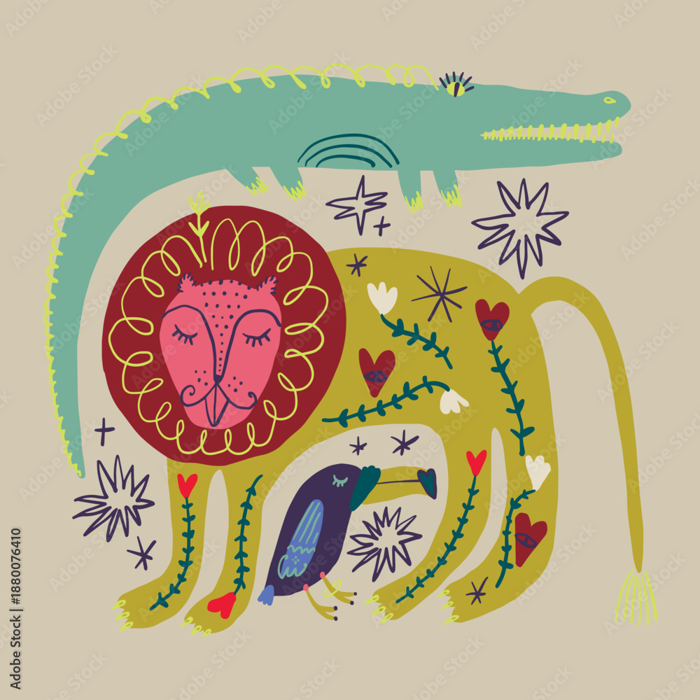 Fototapeta premium Cute African elements animals set isolated on background for kids content. Hand drawn silhouettes colorful collage. Flat cartoon character lion animal, toucan and crocodile. Inhabitant jungle forest