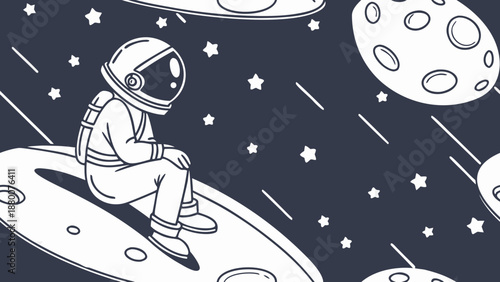 Astronaut sits on a flying saucer in space surrounded by moons and stars during nighttime exploration Generative AI