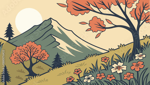 Mountain view with colorful trees and flowers during daytime Generative AI