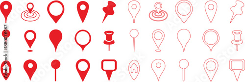 Location pin and map marker icon set in solid and outline style, navigation GPS symbols with place pointers, destination markers and location icons vector illustration collection