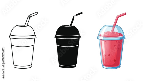 Set of three smoothie or milkshake drinks in plastic cups with straws outline, silhouette and colorful illustration