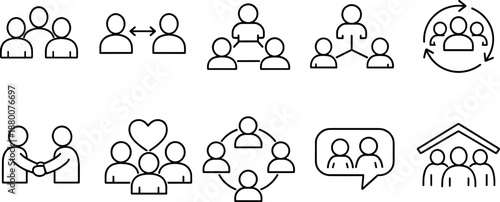 Team collaboration and community icons set. Cooperation, partnership, networking and people interaction outline symbols