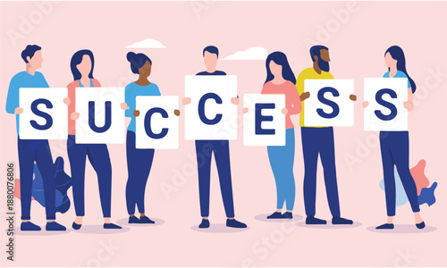 Team success - Group of diverse business people standing and holding letters spelling word. Successful teamwork concept in flat design vector illustration