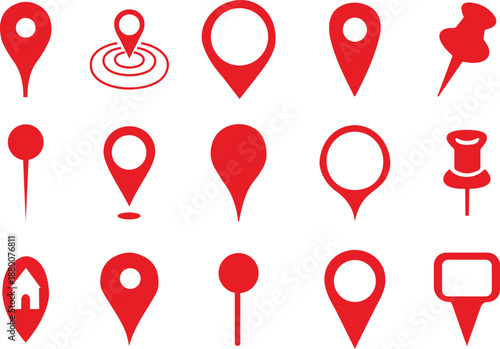 Location pin and map marker icon set in solid and outline style, navigation GPS symbols with place pointers, destination markers and location icons vector illustration collection