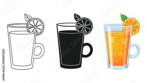 Set of three orange juice illustrations outline drawing, silhouette and full color realistic rendering in a glass mug with orange slice garnish