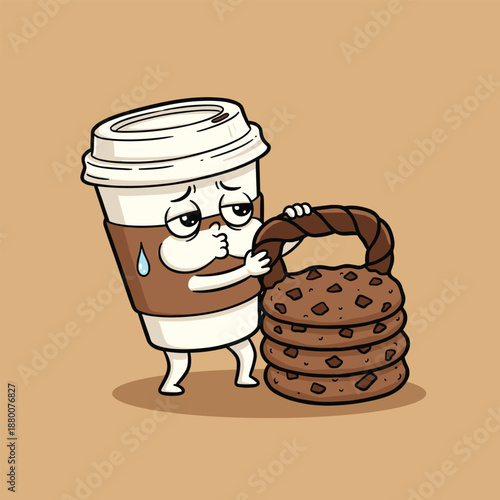 Cute Coffee Cup Lifting Cookie Kettlebell Cartoon Vector Illustration