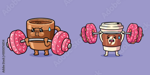 Cute Coffee Cup Characters Lifting Donut Weights Cartoon Vector Illustration