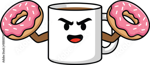 Strong Coffee Mug Lifting Pink Donut Weights Cartoon Vector Illustration