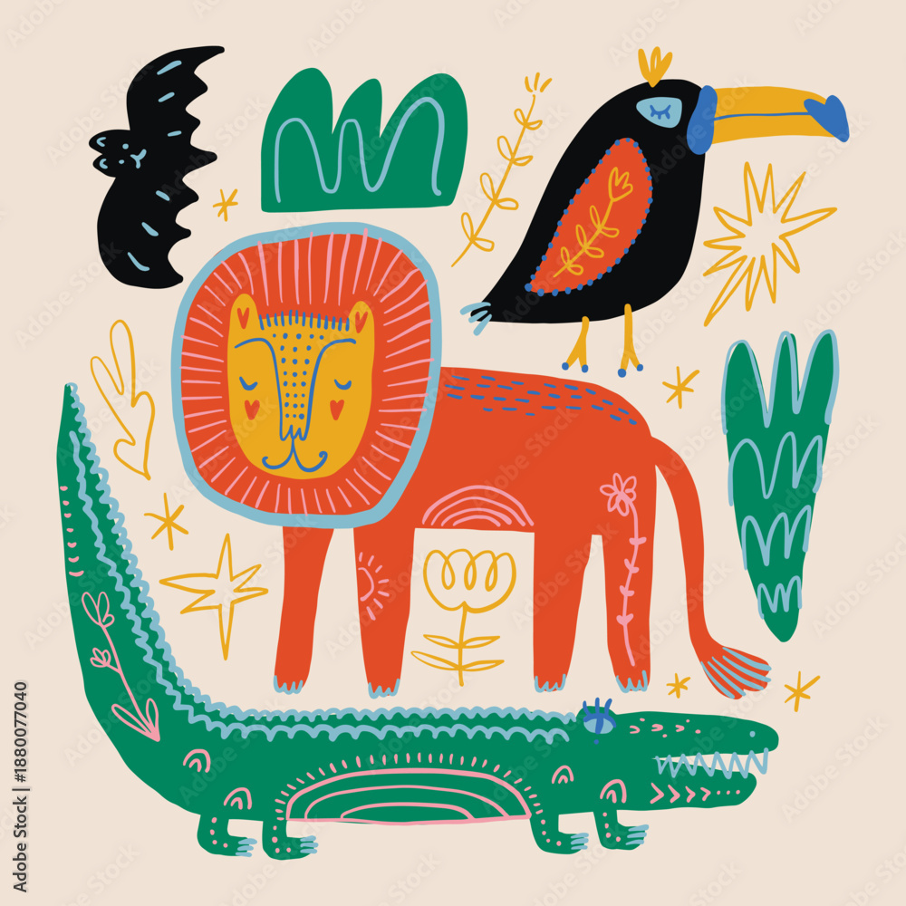 Fototapeta premium Cute African elements animals set isolated on background for kids content. Hand drawn silhouettes colorful collage. Flat cartoon character lion animal, toucan and crocodile. Inhabitant jungle forest