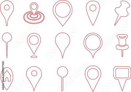 Location pin and map marker icon set in solid and outline style, navigation GPS symbols with place pointers, destination markers and location icons vector illustration collection