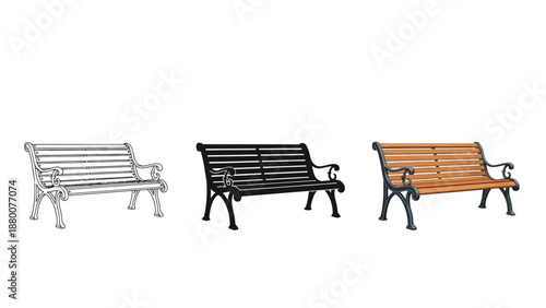 Set of three park benches sketch, black silhouette and realistic wooden and metal bench