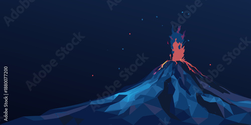 A stylized low poly illustration of a volcanic eruption at night