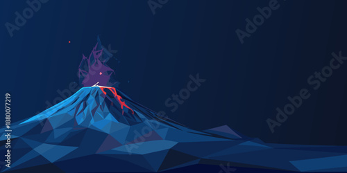 Stylized low poly illustration of a glowing volcano at night