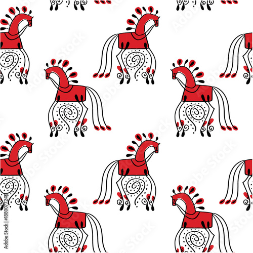 Whimsical seamless pattern doodle folk red Mezen horse decorative patterned folklore animal for drawing, cartoonish modern abstract boho adorable hand-drawn rural rustic childish style groovy cartoon