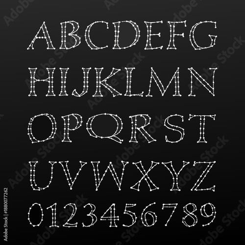 Alphabet and numbers displayed in a dotted vintage style on black background