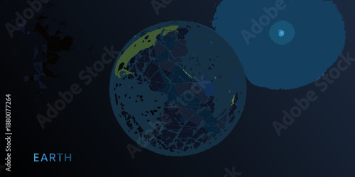 Stylized illustration of earth moon and space with a dark blue color scheme