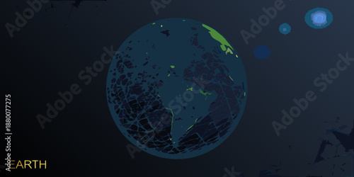 Stylized depiction of earth with continents and glowing planetary bodies