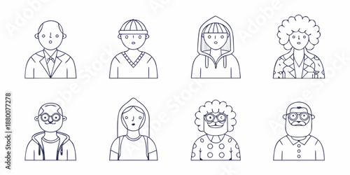 Diverse group of people icons showcasing varied hairstyles and headwear designs