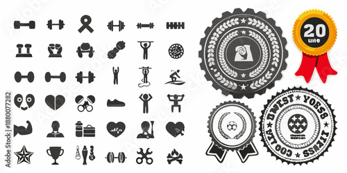 Collection of diverse black icons and badges with a celebratory gold element
