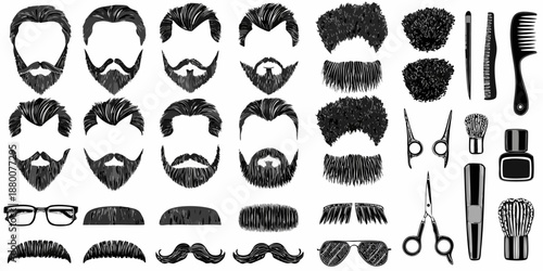 Collection of diverse beard and mustache styles with grooming tools illustrated