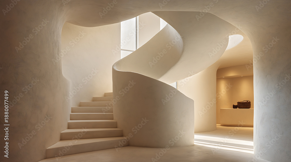 Fototapeta premium Cloud Dancer themed A modern, spiral staircase in a sleek, white building natural light Colour of the Year 2026