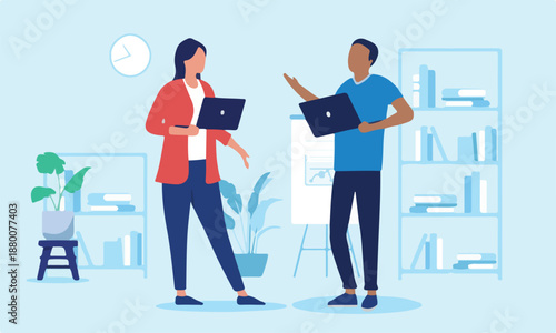 Two happy people talking in office - Employees and colleagues having conversation at work, smiling and having a good time at work. Flat design vector illustration with blue background