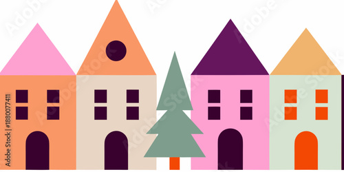Colorful stylized houses with a green pine tree in front simple illustration