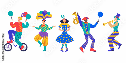 Colorful circus performers clowns musicians and acrobats in a joyful parade