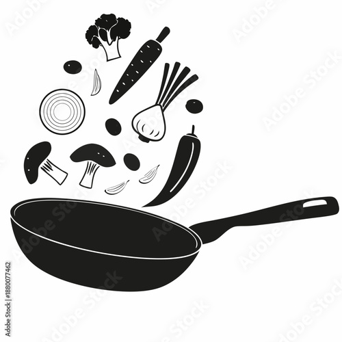 Fresh vegetables are tossed into a black frying pan a culinary illustration