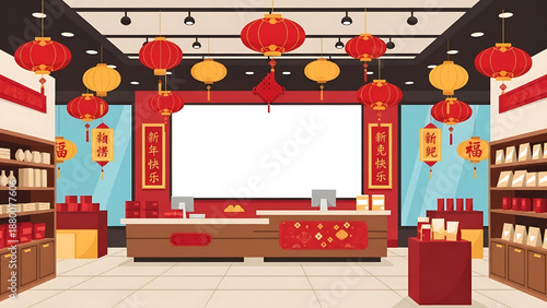 Vibrant Chinese New Year Supermarket Interior Illustration with Festive Lanterns, Traditional Couplets, and Empty Signage for Custom Text, Capturing the Spirit of Lunar New Year Shopping