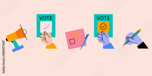 Voting process illustration with ballots megaphone and hands marking choices