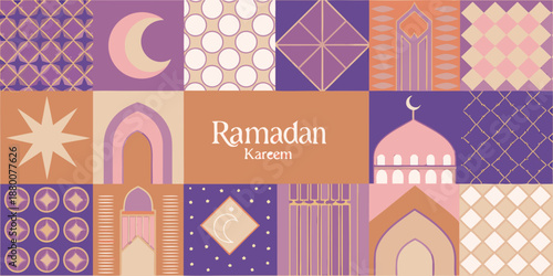 A colorful ramadan kareem illustration with crescent moons and islamic architectural elements