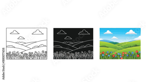 Set of three landscape illustrations outline drawing, silhouette and colorful cartoon of rolling green hills with flowers and clouds