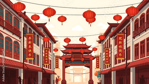 Vibrant and Festive Chinese New Year Street Celebration with Traditional Red Lanterns and Ornate Archway in an Asian Townscape, Capturing the Spirit of Cultural Festivities