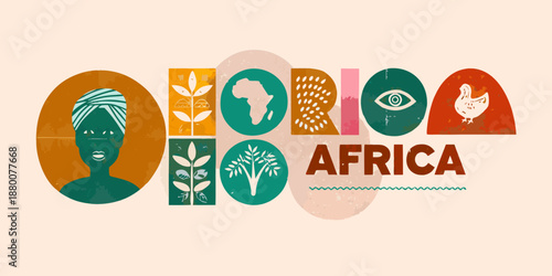 Colorful illustration representing africa with diverse cultural symbols and imagery