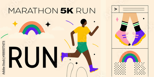 Illustration promoting a marathon or 5k run with a runner and rainbow
