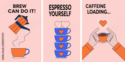 Coffee themed illustrations with text brew espresso and caffeine
