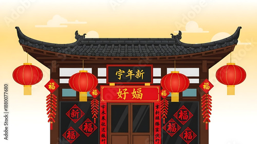 Vibrant Traditional Chinese Building Facade Adorned with Red Lanterns and Auspicious Calligraphy for a Festive New Year Celebration