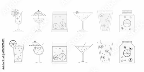 Line art illustration of various refreshing summer cocktails and beverage glassware